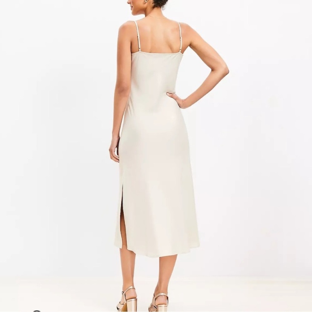Loft NWT Small Champagne Beige Satin Silky Slip Midi Dress Draped Neck‎ - Picture 3 of 14